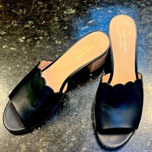 Kate Spade Black Scalloped Leather Warren Cork Heeled Slip on/Mule Size 9.5